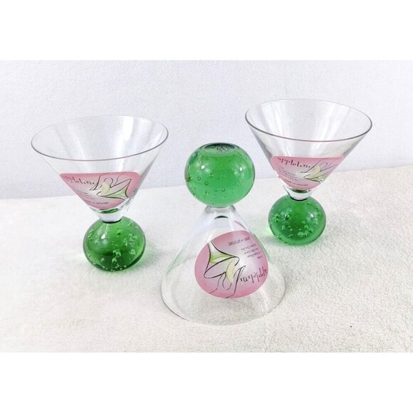 Unknown Other - Apple Martini Glasses Set of 3 Green Bubble Glass Bottom Ball Cocktail Recipe